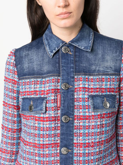 panelled tweed denim mini dress
